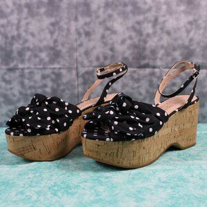 Kate Spade Bow Wedge Sandals Coastal Chic Black White Cork Platform Size 10